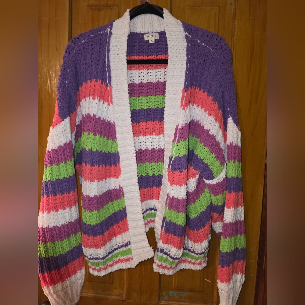 POL Striped Crochet Open Cardigan in Purple, White, Pink, Green